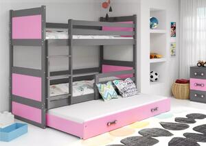 Patrová postel RICO 3 COLOR + matrace + rošt ZDARMA, 90x200 cm, grafit, růžová