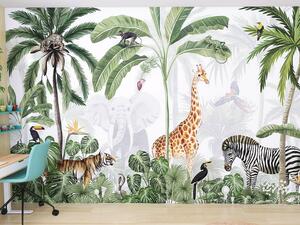 FUGU Tapeta pro děti Džungle mix green s exotickými zvířaty Materiál: Digitální eko vlies - klasická tapeta nesamolepicí