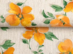 PVC ubrus Oranžové květy na šedobéžovém PV-100 - metráž š. 140 cm
