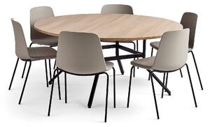 AJ Produkty Sestava VARIOUS + LANGFORD, stůl Ø1600x740 mm, dub + 6 židlí, šedá