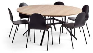 AJ Produkty Sestava VARIOUS + GANDER, stůl Ø1600x740 mm, dub + 6 černých židlí