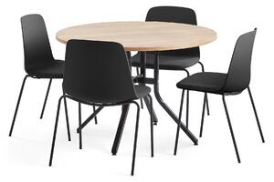 AJ Produkty Sestava VARIOUS + LANGFORD, stůl Ø1100x740 mm, dub + 4 židle, černá/antracitově šedá