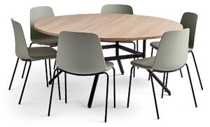 AJ Produkty Sestava VARIOUS + LANGFORD, stůl Ø1600x740 mm, dub + 6 židlí, šedá/hnědá