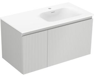 Mexen Rivel, koupelnová skříňka 90 cm s pravým umyvadlem Vela, 1S, 1D, drážkovaná, šedá matná/bílá matná - 91A23-09047-3-BBFF62-W23P01