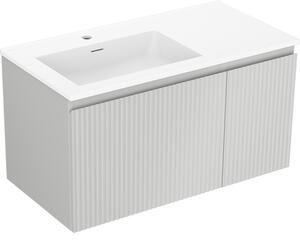 Mexen Rivel, koupelnová skříňka 90 cm s umyvadlem Otis vlevo, 1S, 1D, drážkovaná, šedá matná/bílá matná - 91A23-09047-3-BBFF62-W18L01