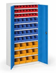 Skříň s plastovými boxy BASIC - 1800 x 400 x 920 mm, 24xA/24xB/12xC, šedá/modré dveře