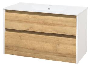 Mereo Mereo, Opto, koupelnová skříňka s keramickým umyvadlem 101 cm, bílá, dub, bílá/dub, černá, CN932