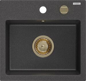 Mexen Milo, granitový dřez 435x410x171 mm, 1-komorový, černá skvrnitá se zlatým sifonem, 6505441000-76-G