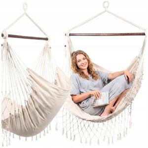 Závěsné brazilské křeslo houpací síť s třásněmi béžové HOUPAČKA BOHO zahradní křeslo