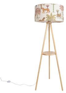 Dřevěná stojací lampa na trojnožce s vícebarevným stínidlem se zvířecím potiskem 50 cm - Lou