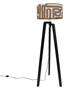 Stojací lampa černý stativ s hnědým a béžovým pruhovaným stínidlem 50 cm - Puros