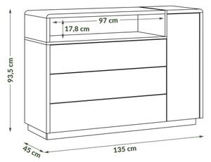 Komoda se zásuvkou FRED 135x94x45 cm bílá/šedá