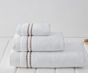 Malý ručník CHAINE 30x50 cm. Malý froté ručník CHAINE 30x50 cm z bavlny je zárukou nejvyšší kvality. Vlákna mají vyšší absorpci a udržují barevnou stálost. Bílá / béžová výšivka