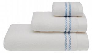 Dárková sada ručníků a osušek CHAINE. Ručníky a osušky s antibakteriální ochranou jsou vyrobeny z česané 100% MICRO bavlny o gramáži 550 g/m2. Bílá / modrá výšivka