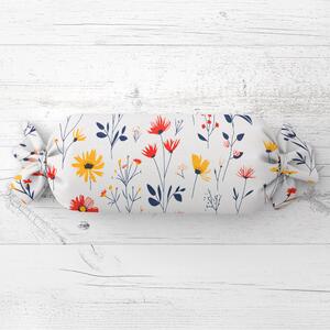 Biante Polštář válec bonbon Sandra SA-749 Červeno-modro-žluté kvítí na bílém 15x40 cm
