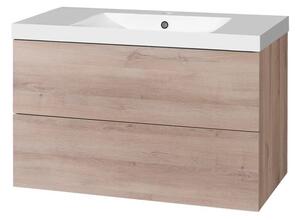 Mereo Aira, koupelnová skříňka s umyvadlem z litého mramoru 101 cm, bílá, dub, šedá Aira, koupelnová skříňka s umyvadlem z litého mramoru 101 cm, bíl…