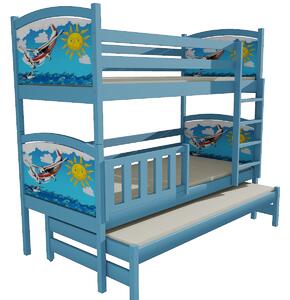 Vomaks unit, s.r.o. Patrová postel s výsuvnou přistýlkou PPV 005 rozměr matrace: 90 x 180 cm, Povrchová úprava: netransparentní barva modrá, Motiv pelesti: #14 lion, Prostor mezi lůžky: 80 cm