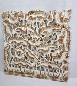 Závěsná dekorace 60x60 cm, teakové dřevo, ruční práce (Dekorace LOTOSY bílá, 3D dřevořezba)