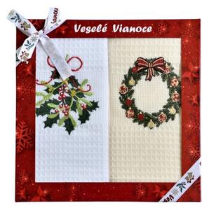  Dárková vánoční sada utěrek s vánoční výšivkou. Krémová a bílá barva nebo jen v bílé. Rozměr utěrek je 2x 50x70 cm. Fotka je ilustrační, vzor dle skladových zásob