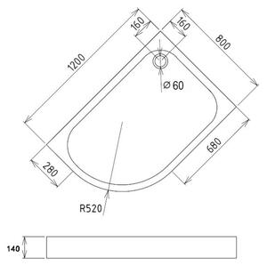 LOR 120x80 Pravá Sprchová vanička asymetrická, akrylát