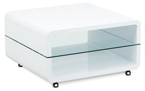 Konferenční stolek 80x80x40, MDF bílý vysoký lesk, čiré sklo, 4 kolečka AHG-615 WT