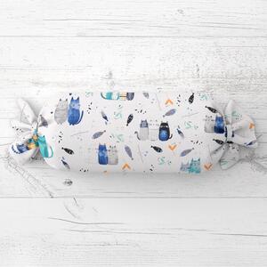 Biante Dětský polštář válec bonbon Sandra SA-653 Kočičí svět modrý na bílém 15x40 cm