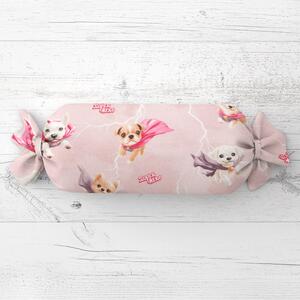 Biante Dětský polštář válec bonbon Sandra SA-650 Psí superhrdinové na starorůžovém 15x40 cm