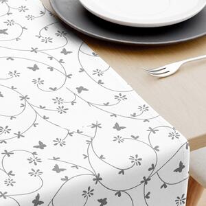Goldea běhoun na stůl 100% bavlněné plátno - šedé kytičky a motýlci na bílém 35x140 cm
