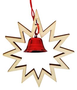 AMADEA Dřevěná ozdoba hvězda s červeným zvonečkem, 7 cm, český výrobek