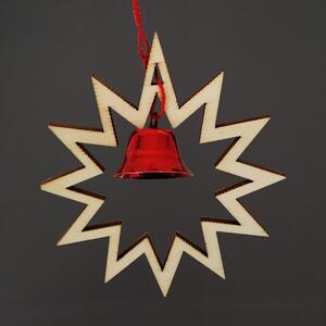 AMADEA Dřevěná ozdoba hvězda s červeným zvonečkem, 7 cm, český výrobek