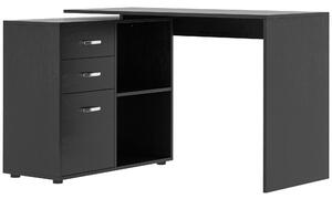 HOMCOM Rohový stůl pro PC se 2 šuplíky a otevřenými policemi, L-tvarovaný stůl z dřeva a kovu, 117x83,5x76 cm, Černý | Aosom
