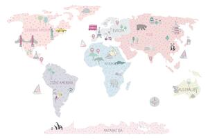 Pastelowe Love Samolepka na zeď Mapa světa Pink M