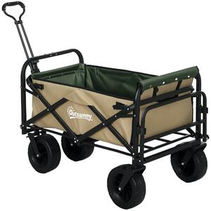 Skládací vozík Outsunny, transportní vozík s madlem, plážový vozík, zahradní vozík s nosnou taškou, max. nosnost 100 kg, Oxford, khaki | Aosom