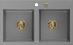 MEXEN/S - Hektor granitový dřez 2-bowl 800 x 480 mm, šedá, zlatý sifon 6521802000-71-G