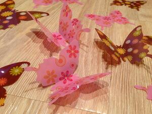 3D motýlci růžoví hnědí s kytičkama 12 ks šíře 7 až 12 cm