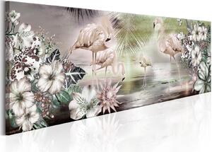 Obraz - Plameňáci a květiny 120x40