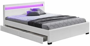 TEMPO Manželská postel s úložným prostorem, RGB LED osvětlení, bílá ekokůže, 160x200, CLARETA