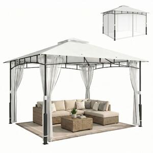 Outsunny pergola 3,6 × 3,0 m — voděodolný kovový zahradní pavilon s moskytiérou, dvojitou střechou, sloupky s dekorem dřeva, černá | Aosom
