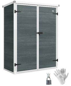 Outsunny zahradní domek 0,81 m² — 134 x 68,5 x 170 cm, plastový domek s integrovanou podlahou, 2 sklápěcí police, dvoukřídlé dveře se zámkem, šedý dře