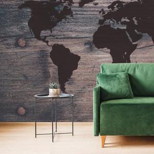 Samolepící tapeta mapa světa na tmavém dřevě - 450x300 cm