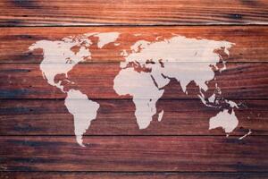 Tapeta mapa světa s dřevěným pozadím - 150x100 cm