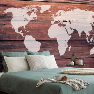 Tapeta mapa světa s dřevěným pozadím - 300x200 cm