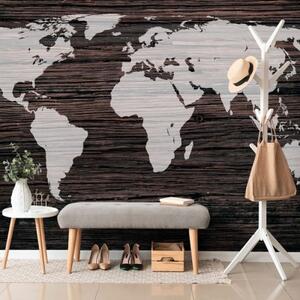 Samolepící tapeta mapa světa na dřevě - 375x250 cm