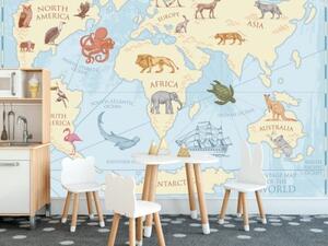 Tapeta mapa světa se zvířaty - 300x200 cm