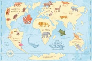 Tapeta mapa světa se zvířaty - 225x150 cm