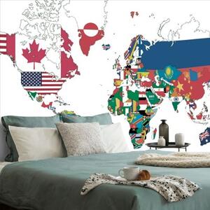 Samolepící tapeta mapa světa s vlajkami s bílým pozadím - 225x150 cm