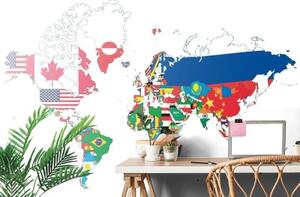 Tapeta mapa světa s vlajkami s bílým pozadím - 300x200 cm
