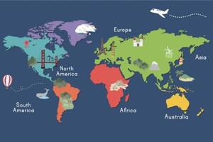 Tapeta mapa světa s dominantami - 150x100 cm