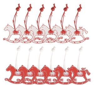 Sada 12 červených dřevěných vánočních ozdob houpací kůň – 13x13 cm