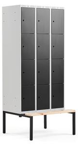 AJ Produkty Boxová šatní skříň CLASSIC, s lavicí, 3 sekce, 12 boxů, 2120x900x550 mm, černé dveře